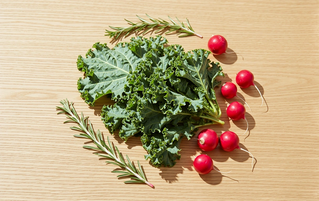 Świeże warzywa i zioła na minimalistycznym stole